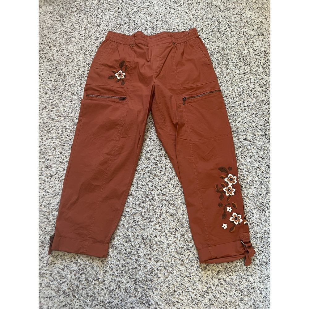 Soft Surroundings SUMMER Ankle Crop Pants L Straight Leg Roll Tab Brick Pul On
